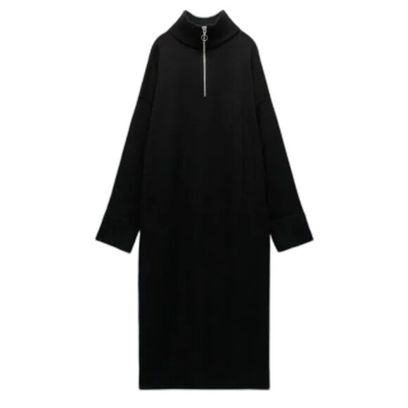 Zara Quarter Zip Maxi Sweater Dress with Ribbed Knit Trim in Black size Small - Picture 1 of 13